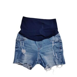 SONG Maternity Blue Distressed Denim Shorts Over Belly Band Size M RN 100104